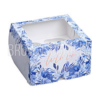Коробка на 4 Капкейка Синие цветы (Китай, 160х160х100 мм) 9086088