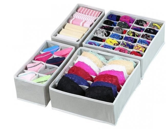 Органайзер для шкафа или комода - коробки для хранения одежды (нижнего белья, вещей), набор 4 предмета, серый - фото 5 - id-p195447746