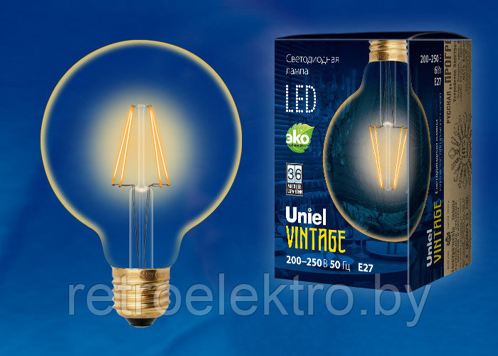 Ретро лампа Эдисона UNIEL светодиодная LED-G95-6W/GLV21GO - фото 4 - id-p101702822