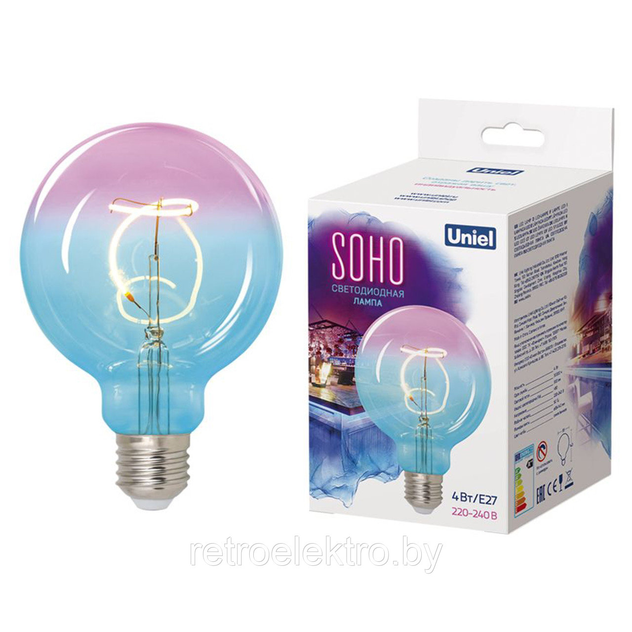 Ретро лампа светодиодная Uniel SOHO: Синяя/винная колба LED-SF01-4W/SOHO/E27/CW BLUE/WINE GLS77TR.