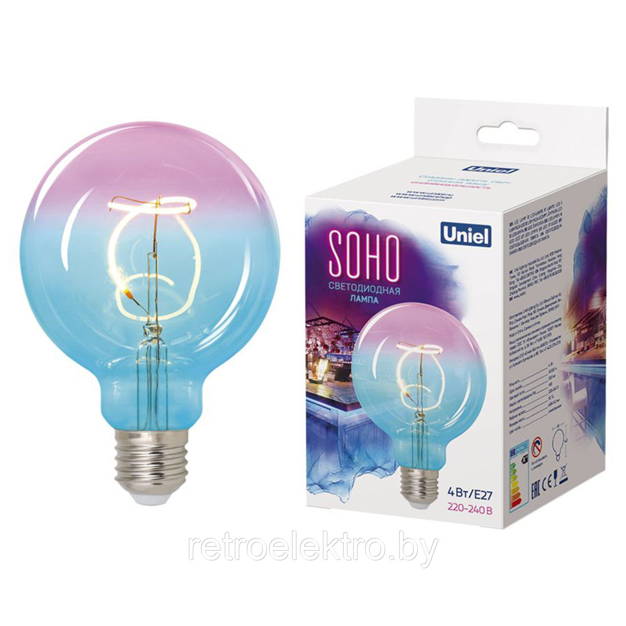 Ретро лампа светодиодная Uniel SOHO: Синяя/винная колба LED-SF01-4W/SOHO/E27/CW BLUE/WINE GLS77TR. - фото 1 - id-p168919103