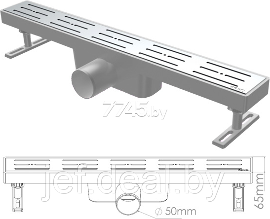 Сливной трап горизонтальный D 50 решетка нержавеющая 65х500мм полоски NOVA 5103.001