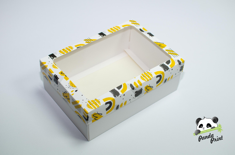 Коробка с прозрачным окном 270х190х100 Желто-черная (белое дно)