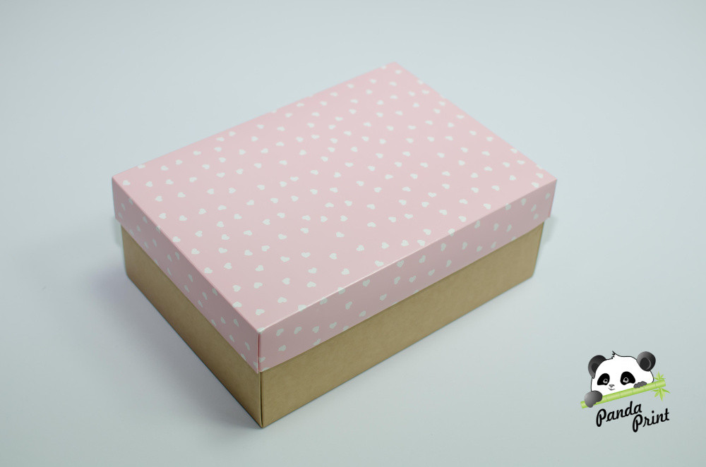 Коробка 270х190х100 Сердечки белые на розовом (крафт дно)