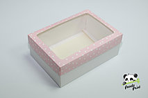 Коробка с прозрачным окном 270х190х100 Сердечки белые на розовом (белое дно)
