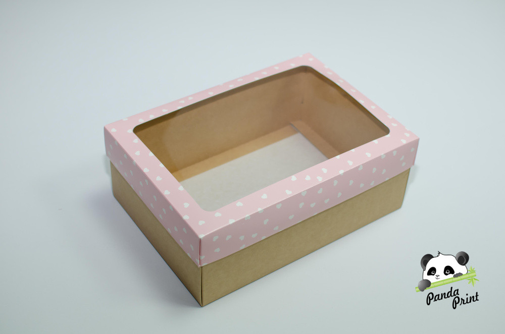 Коробка с прозрачным окном 270х190х100 Сердечки белые на розовом (крафт дно)