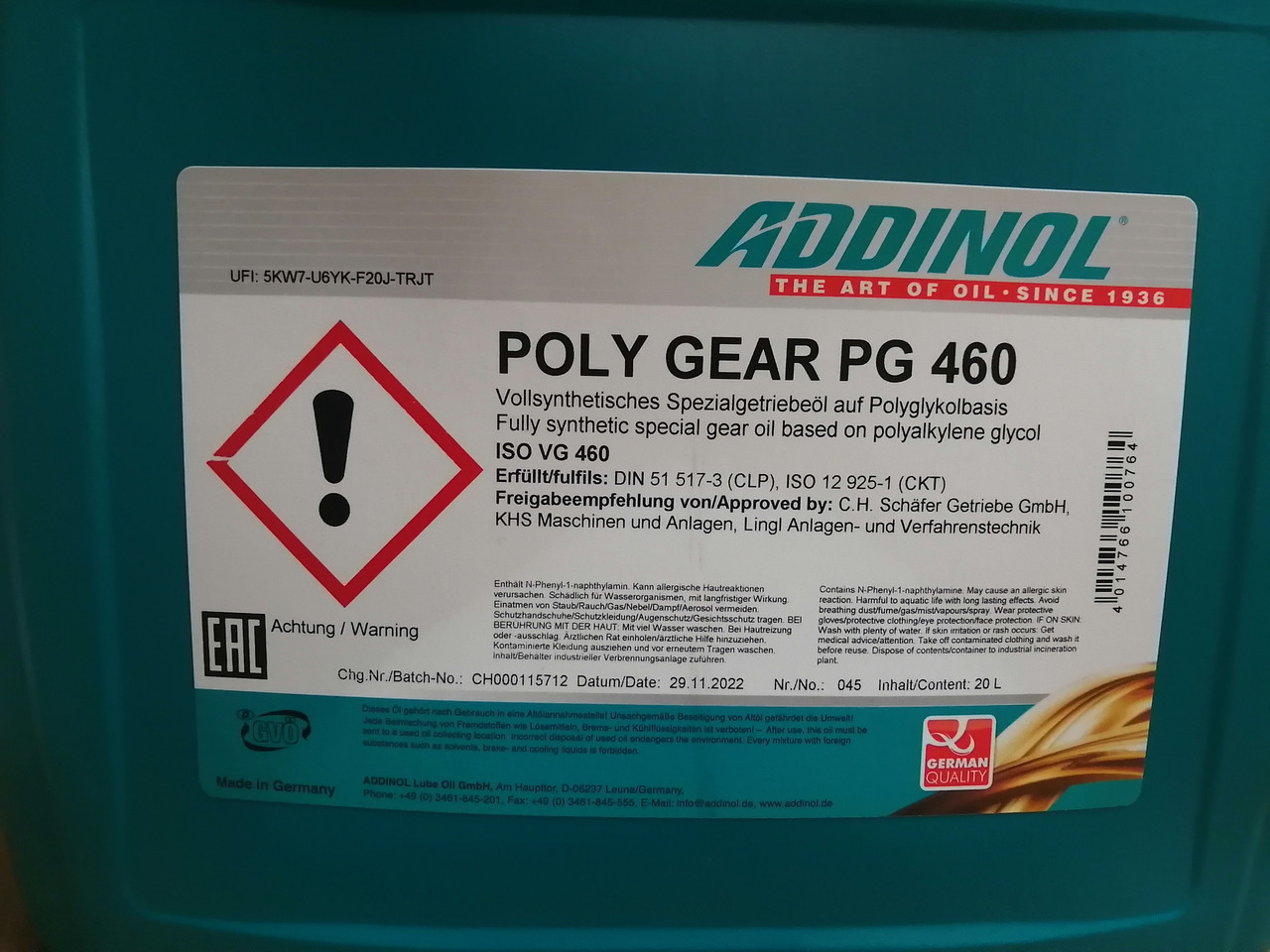 Poly Gear PG 460 Редукторное, трансмиссионное масло Addinol, синтетика, 20л - фото 2 - id-p184840171