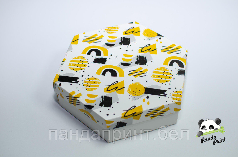 Коробка 200х200х60 шестигранная Желто-черная (белое дно)