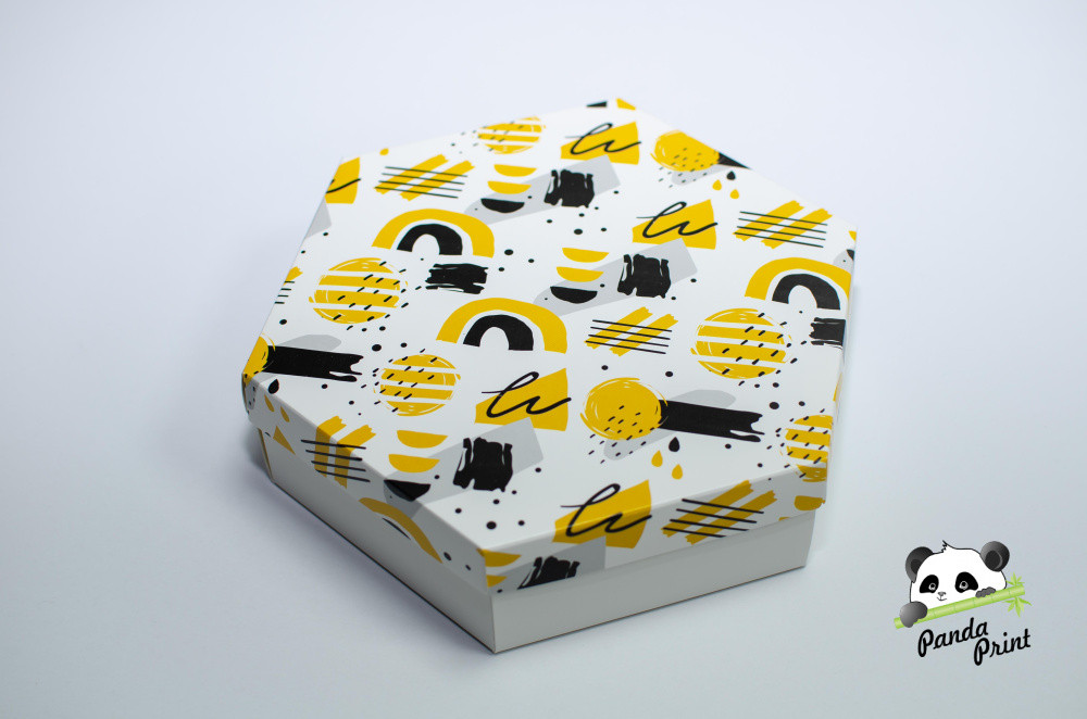 Коробка 200х200х60 шестигранная Желто-черная (белое дно) - фото 1 - id-p194425470