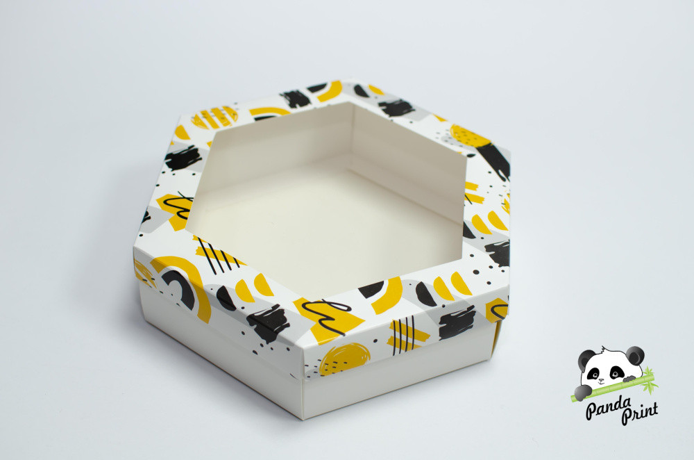 Коробка с прозрачным окном 200х200х60 шестигранная Желто-черная (белое дно)