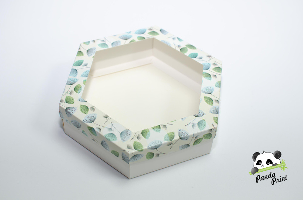 Коробка с прозрачным окном 200х200х60 шестигранная  Цветные одуванчики (белое дно)