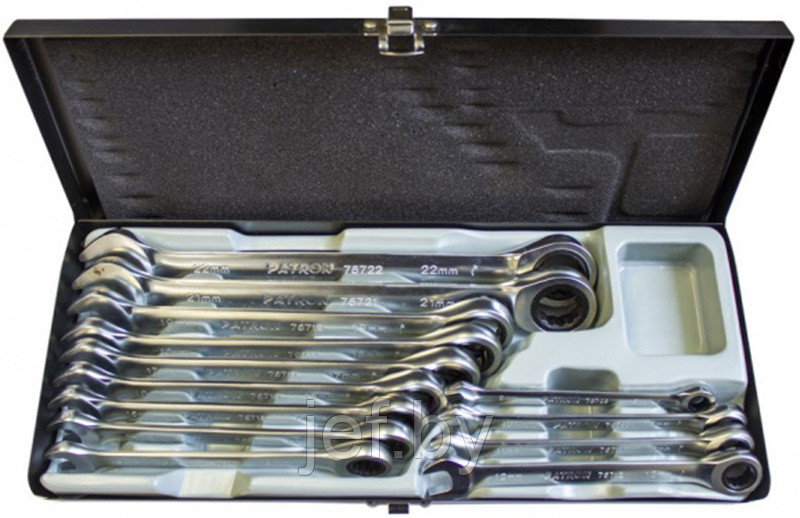 Набор ключей комбинированных трещоточных 13 предметов в металлическом кейсе PATRON P-51310
