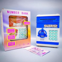 Электронная Копилка сейф Number Bank с купюроприемником и кодовым замком (звук) Синяя (с мелодией)