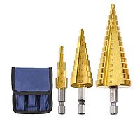 Набор ступенчатых сверл 4-12, 4-20, 4-32 мм с титановым покрытием по металлу, 3 штуки, золотой 557163