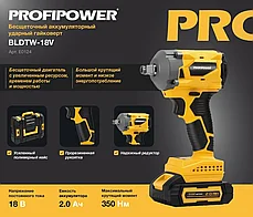 Гайковерт аккумуляторный бесщеточный ProfiPower BLDTW-18V (350 Нм, 2 АКБ 2 А/ч, кейс) E0124, фото 3
