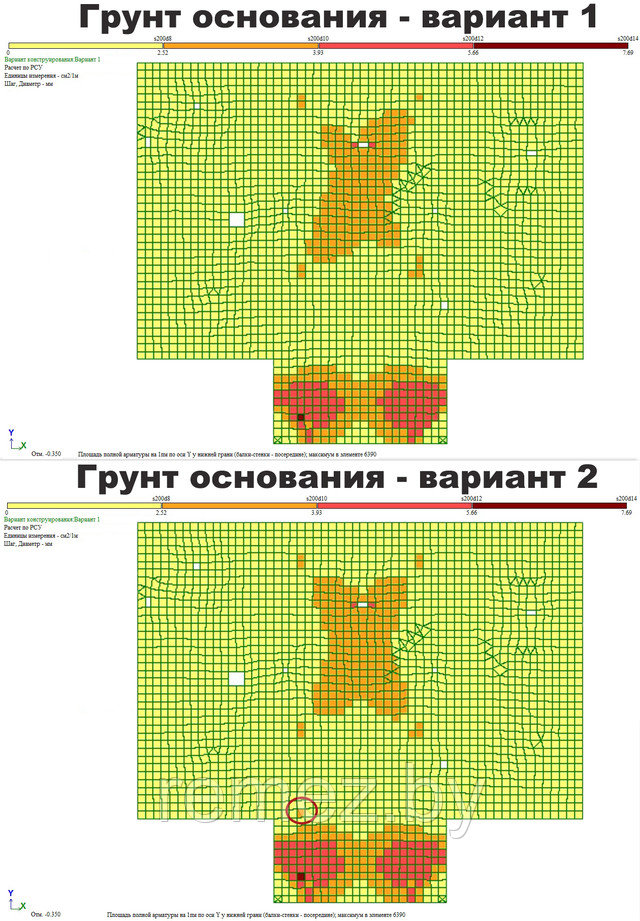Расчетное армирование перекрытия по оси Y у нижней грани плиты армирование перекрытия у нижней грани в направлении по оси Y