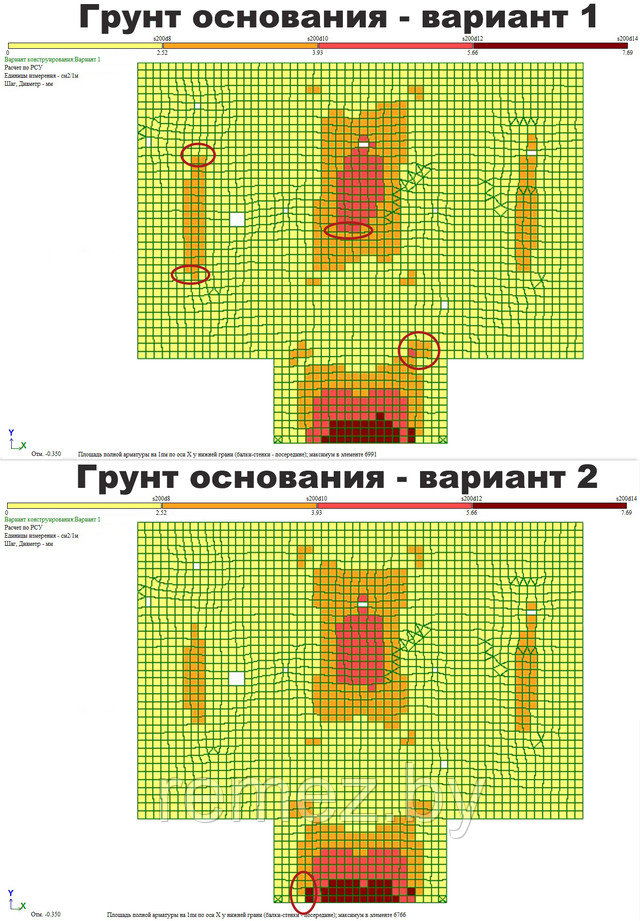 Расчетное армирование перекрытия по оси X у нижней грани плиты армирование перекрытия у нижней грани в направлении по оси X