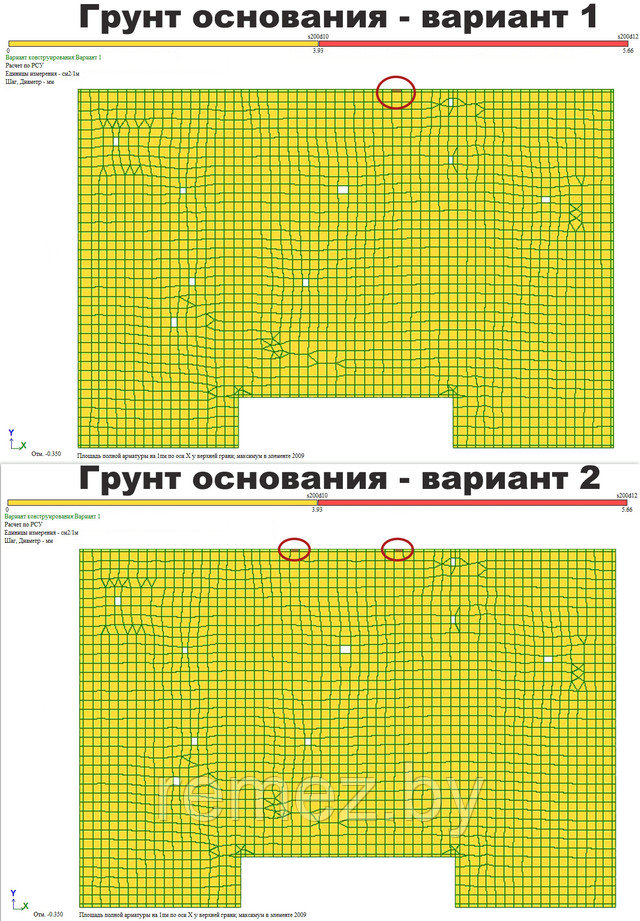 необходимые места усиления фундамента в верхней зоне по направлению оси X