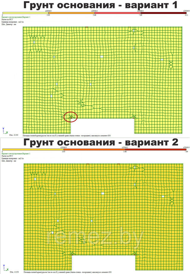 необходимые места усиления фундамента в нижней зоне по направлению оси X