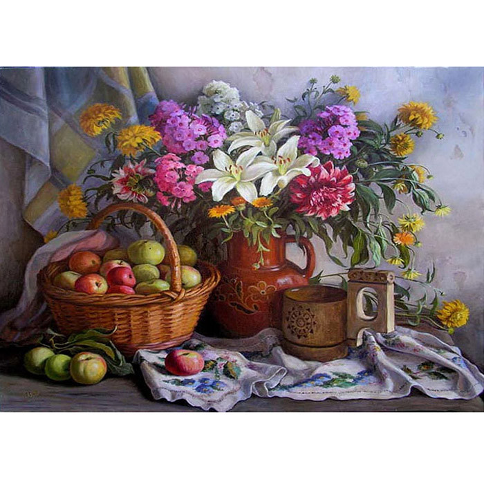 Алмазная живопись 30*40 см, букет цветов и яблоки - фото 1 - id-p196201536