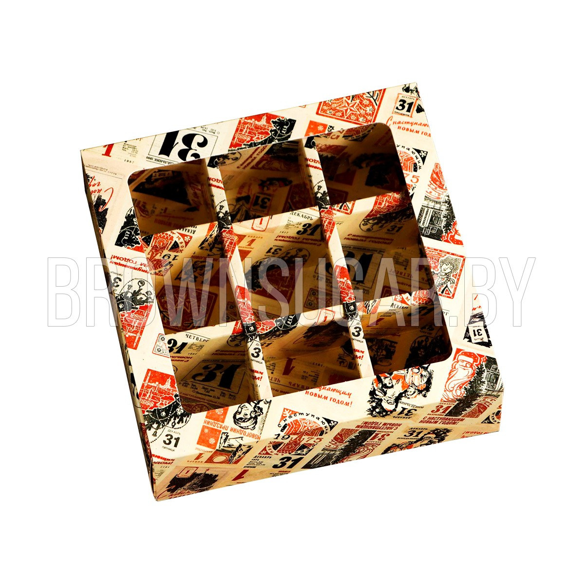 Коробка для 9 конфет с обечайкой Ретро газета (Россия, 137х137х35 мм) 7119853