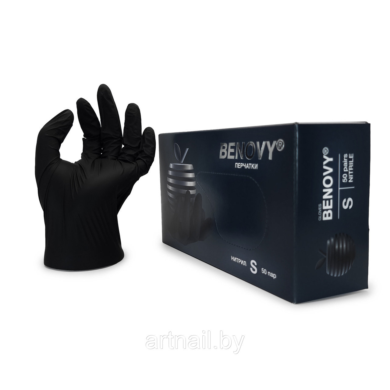 Перчатки нитриловые Benovy, размер S черные 100шт/уп. (50 пар) - фото 1 - id-p75630442