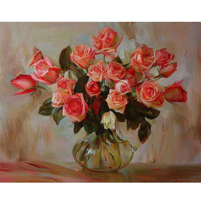 Алмазная живопись 40*50 см, розы в стеклянной вазе, фото 1