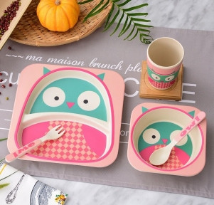 Детская посуда из бамбука из 5 предметов (набор) Bamboo Ware Kids Set. Выбери своего зверька Совушка - фото 1 - id-p100726711