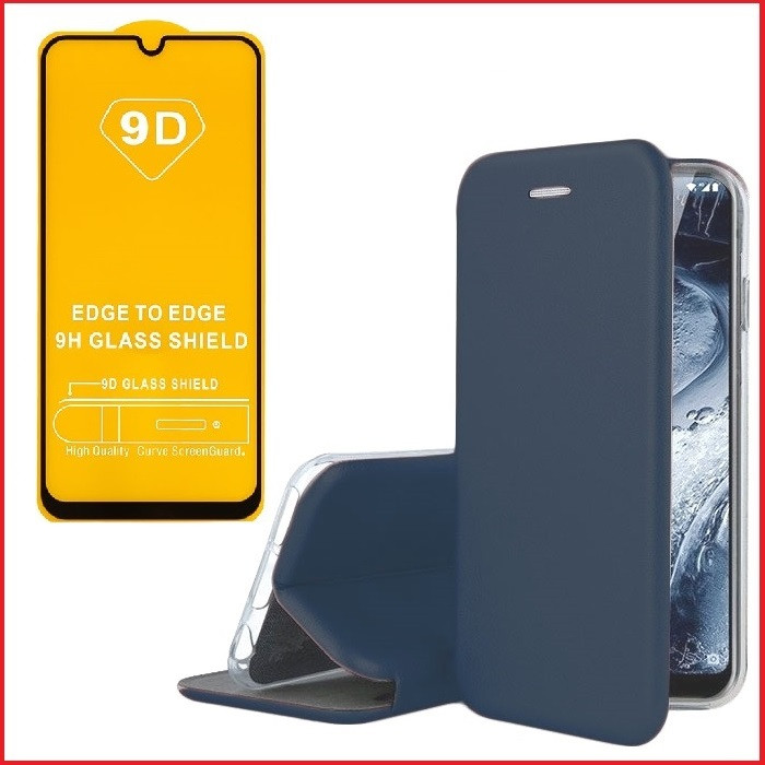 Чехол-книга + защитное стекло 9d для Huawei P Smart 2019 (темно-синий) POT-LX1