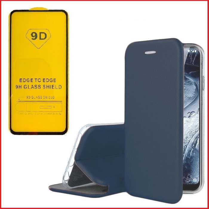Чехол-книга + защитное стекло 9d для Samsung Galaxy S21 FE (темно-синий)