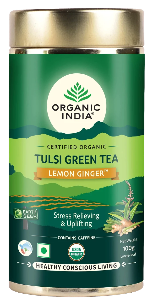 Зеленый Чай Тулси Имбирь Лимон Organic India Tulsi, 100г - снижает стресс, укрепляет иммунитет - фото 1 - id-p196427459