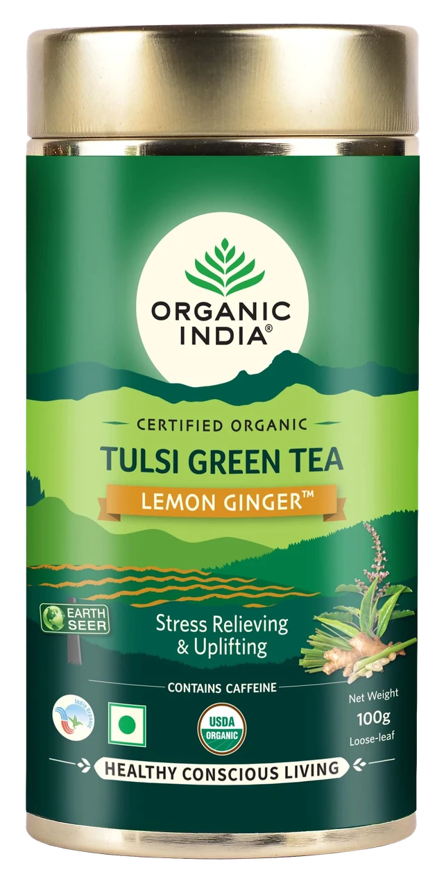 Зеленый Чай Тулси Имбирь Лимон Organic India Tulsi, 100г - снижает стресс, укрепляет иммунитет