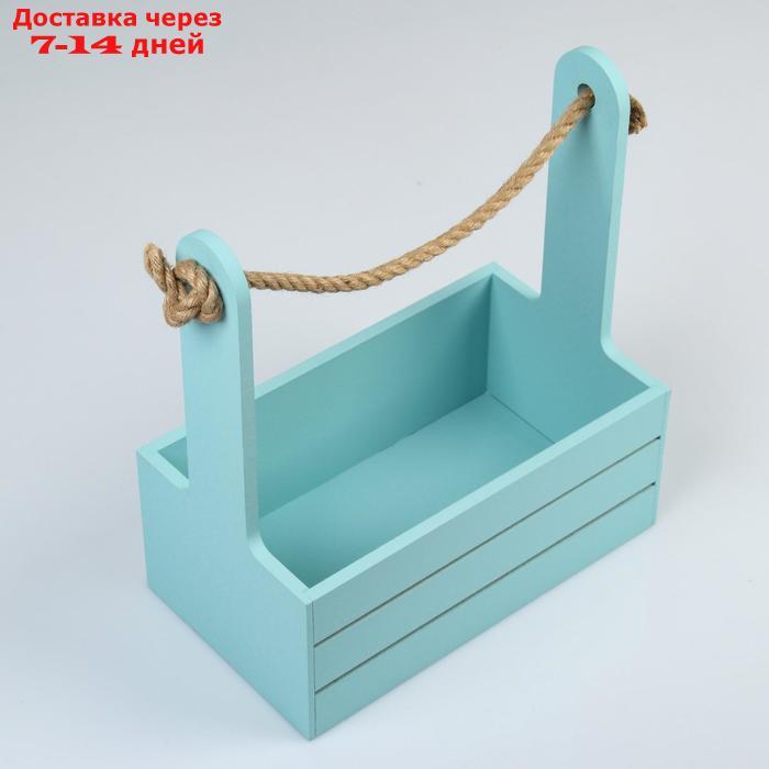 Кашпо деревянное 25.5×15×30 см "Аром", ручка канат, серо-голубое - фото 2 - id-p196372370