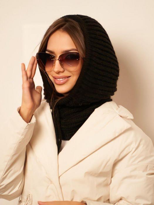 Капор женский зимний вязаный VS22 черная шапка шарф снуд косынка капюшон - фото 5 - id-p196489897