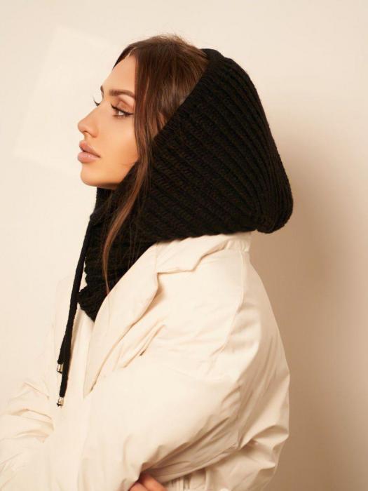 Капор женский зимний вязаный VS22 черная шапка шарф снуд косынка капюшон - фото 6 - id-p196489897