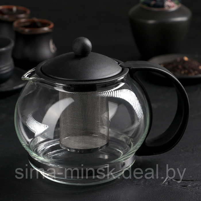Чайник стеклянный заварочный «Вдохновение», 1,25 л, с металлическим ситом, цвет чёрный - фото 1 - id-p196496878