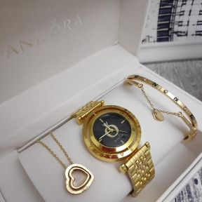 Подарочный набор Pandora (часы, подвеска-Сердце, браслет) Золото с черным циферблатом