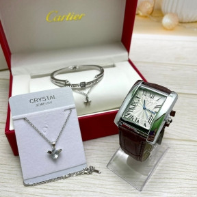Акция Подарочный набор CartER (браслет, подвеска, часы) Серебро, коричневый ремешок - фото 1 - id-p181585991