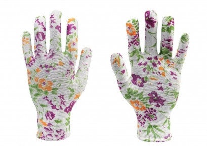 Перчатки нейлоновые тонкие, садовые, с полимерным покрытием ладони и пальцев Белые с лиловым - фото 1 - id-p181591944