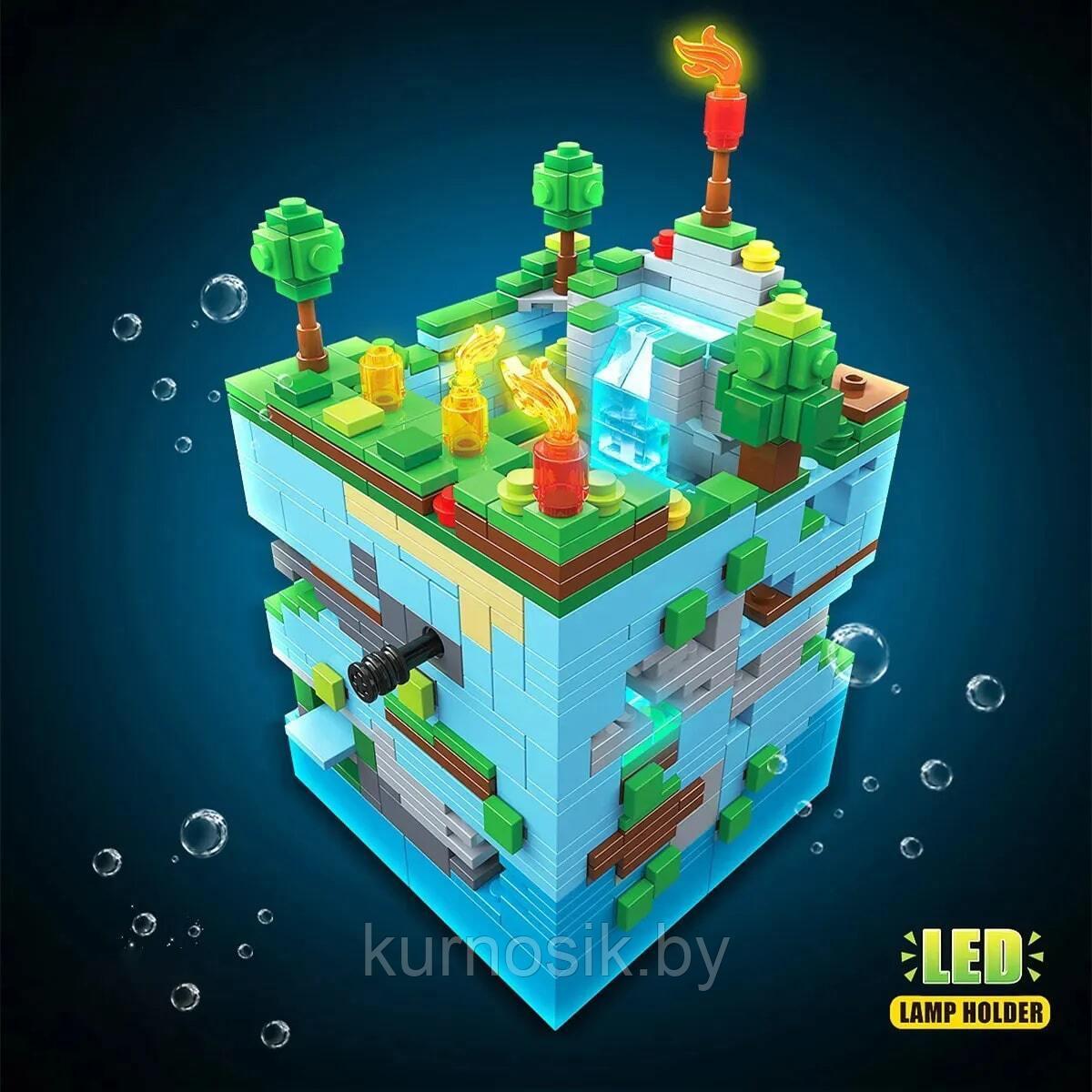 Конструктор 696 RENZAIMA Minecraft Битва на водопаде c LED-подсветкой, 898 деталей - фото 3 - id-p196587358