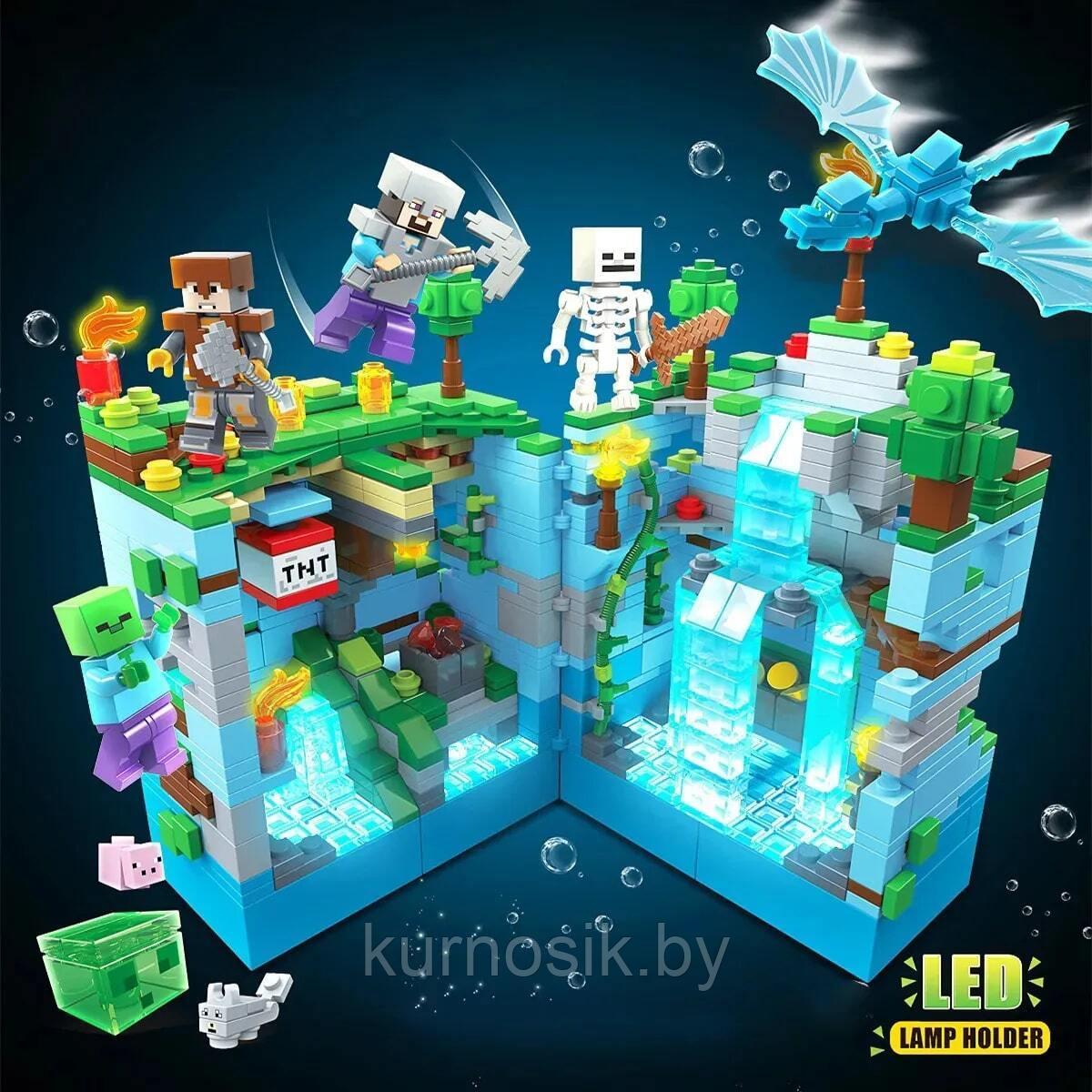 Конструктор 696 RENZAIMA Minecraft Битва на водопаде c LED-подсветкой, 898 деталей - фото 2 - id-p196587358