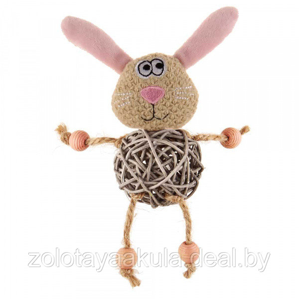 Игрушка GiGwi для кошек Заяц с плетеным мячиком и колокольчиком, 8см
