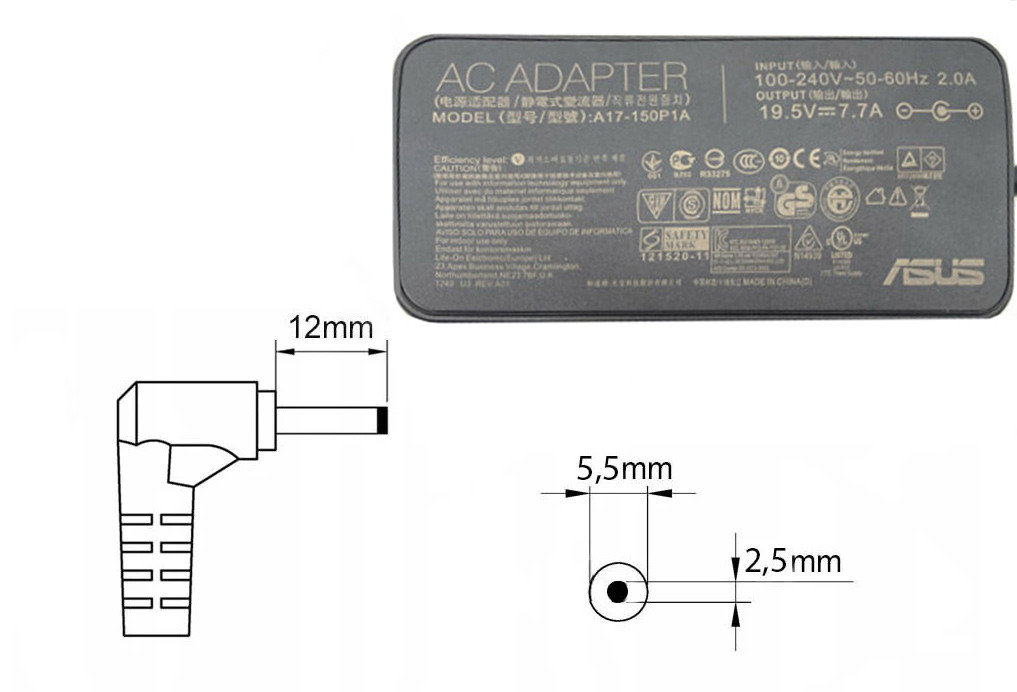 Зарядка (блок питания) для ноутбука Asus ROG GL703VD, A17 150P1A, 19.5V 7.7A 150W, Slim, штекер 5.5x2.5 мм - фото 1 - id-p196688236