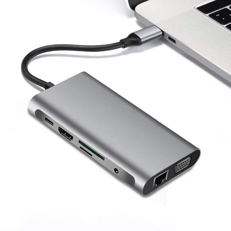 Адаптер - переходник - хаб 8in1 USB3.1 Type-C на HDMI - VGA - 2x USB3.0 - RJ45 (LAN) до 1000 Мбит/с - jack 3.5 - фото 1 - id-p141887471