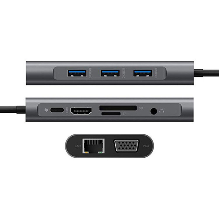 Адаптер - переходник - хаб 8in1 USB3.1 Type-C на HDMI - VGA - 2x USB3.0 - RJ45 (LAN) до 1000 Мбит/с - jack 3.5 - фото 2 - id-p141934252