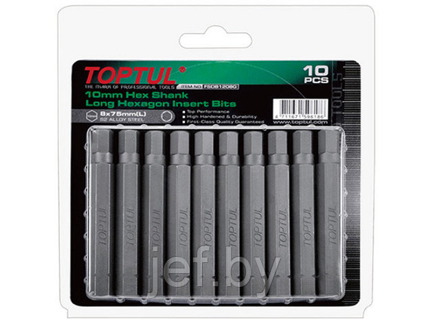 Насадка шестигранник 12мм удлиненная 75мм 10шт в блистере TOPTUL FSDB1212G, фото 2