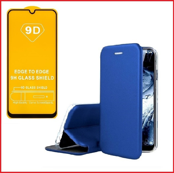 Чехол-книга + защитное стекло 9d для Huawei Honor X7 (синий)
