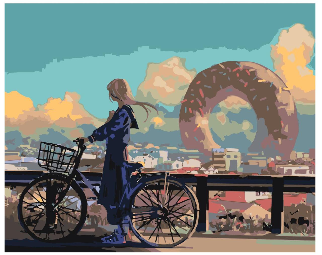 Картина по номерам Девушка с велосипедом и пончик 40 x 50 | Z-AB408 | SLAVINA - фото 1 - id-p196790454
