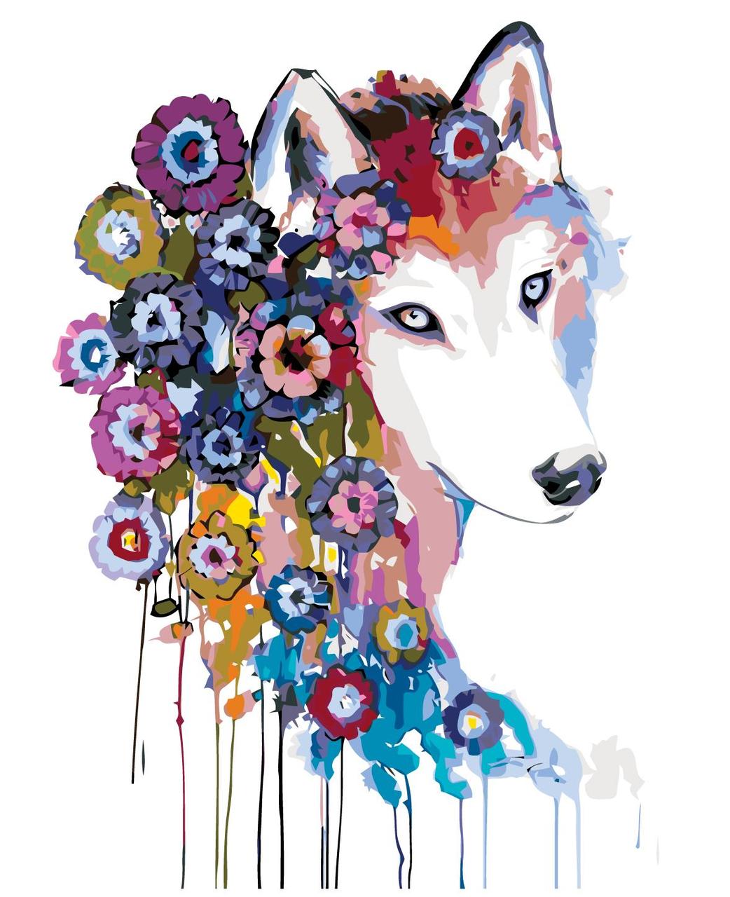 Картина по номерам Белый волк в цветах 40 x 50 | PA122 | SLAVINA - фото 1 - id-p196790645