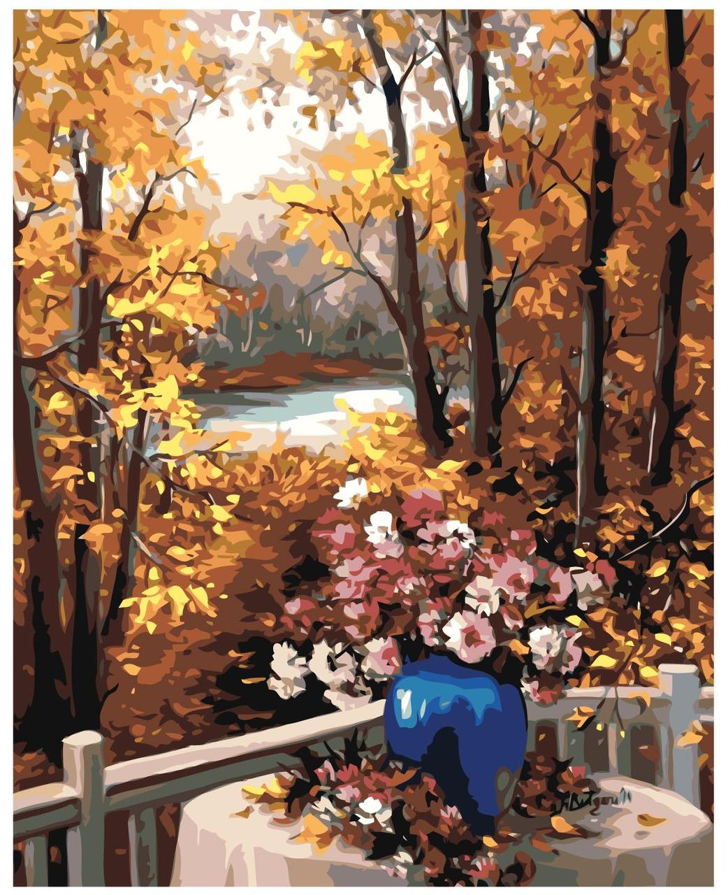 Картина по номерам Букет на столе с видом на осенний лес 40 x 50 | Z-AB32 | SLAVINA - фото 1 - id-p196791200
